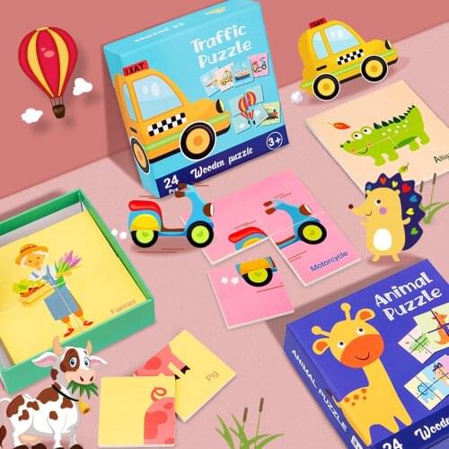24Pcs Puzzle Wooden 3d Jigsaw Tangram For Children Cartoon Animal Traffic Early Educational Learning Toys Baby Cognitive Toys