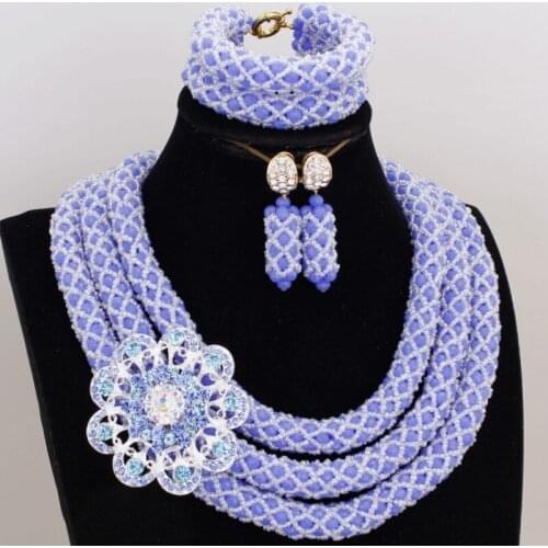 4UJewelry 18.8 Inches African Beads Blue and White Jewelry Set 3 Rows Necklace Set With Pin Bracelet and Earrings Party Gift Set