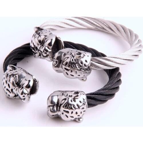 8mm High Quality Stainless Steel Silver Color Double Leopard Head Biker Jewelry Cable Wire Chain Mens Bracelet Cuff Bangle 87G