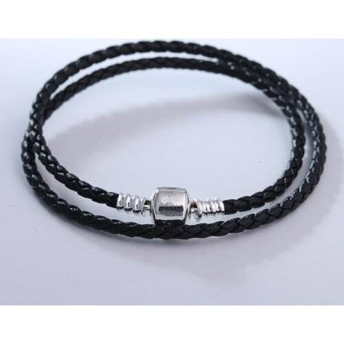 Color Black Double Leather Bracelet Fits sterling silver Original Charms & Beads For Woman DIY Jewelry Making
