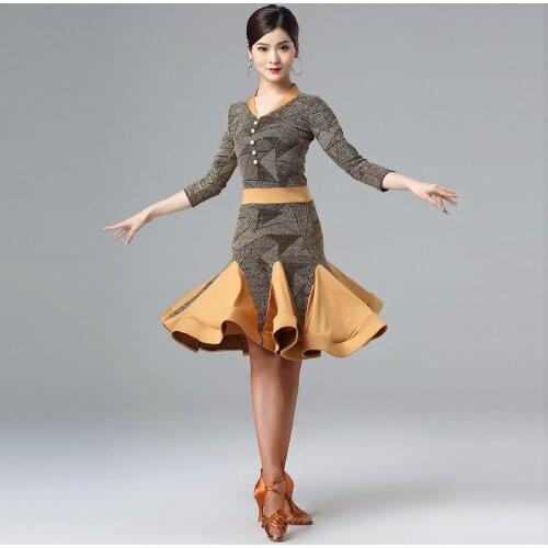 Women Smooth Competition Ballroom Swing Salsa Rumba Latin Dance Dress V-neck with Pearls Flare Skirt