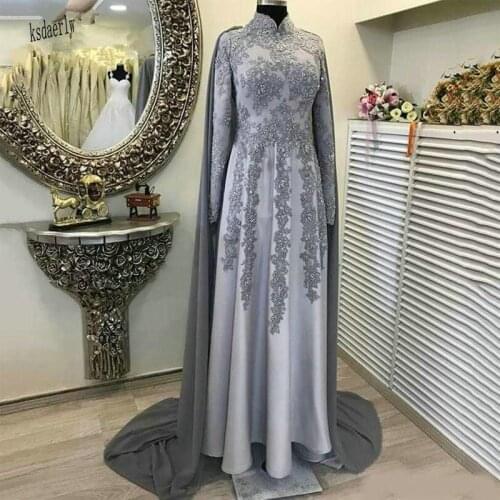 Elegant Grey Kaftan Dubai Muslim Evening Dresses with Cape High Neck Sequins Appliques Floor Length Formal Dress Satin robe de s
