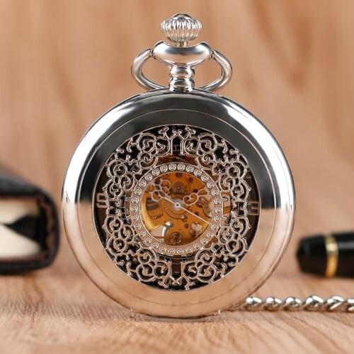 Hot Selling Mechanical Silver Pocket Watch Hollow Pattern Hand Wind Classic Steam punk Exquisite Necklace Chain Clock