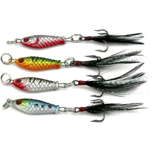 HiUmi 4pcs 2.5cm 6.4g Artificial Fish Metal Jigging Fishing Lure with Feather Tail Mini Spoon Laser Isca Artificial Lure Bait