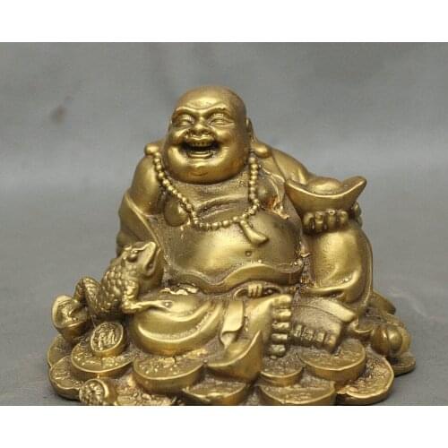 Chinese Brass Wealth Golden Toad Spittor Happy Laughing Maitreya Buddha Statue
