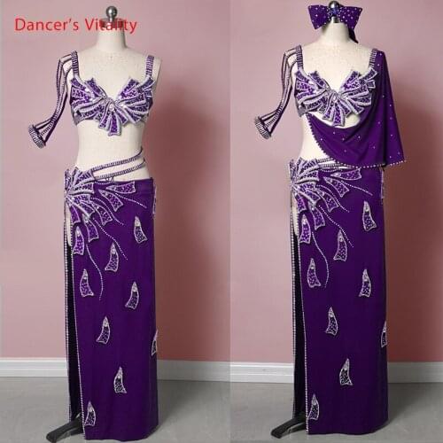 Belly Dance Competition Outfits Customized Sparkling Diamond Bra Sexy Split Robe Oriental Indian Drum Dancing Performance Costum