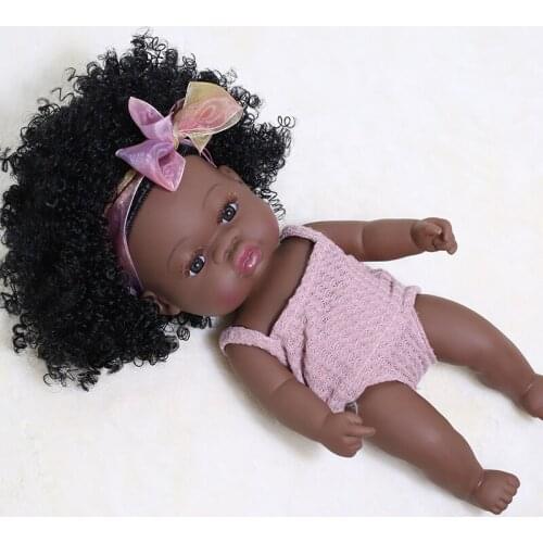 35cm African Reborn Baby Doll Long Curl Hair Baby Doll Summer Waterproof Full Silicone Black Reborn Bebe Toys Doll Gift for Kids