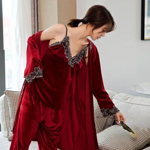 Fashion Gold Velvet 3 Piece Sets Warm Pajamas Set Women Sexy Lace Sling Pajamas Winter Sleepwear Long Sleeves Nightwear