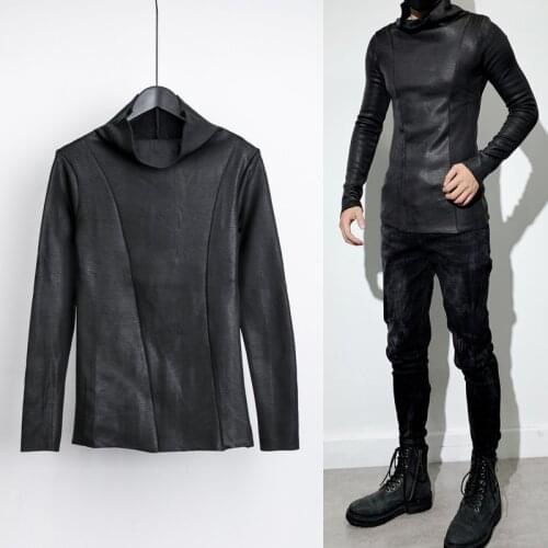 Mens Snakeskin Leather Pullover Turtleneck Fur Lining Warmer Shirts Slim Tops Winter Pull On Black Fit New 2021