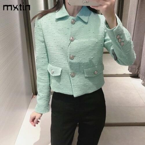 MXTIN 2021 Women Spring Vintage Solid Jacket Coat Fashion Long Sleeve Single Breasted Fly Side Pockets Chic Tops Chaqueta Mujer