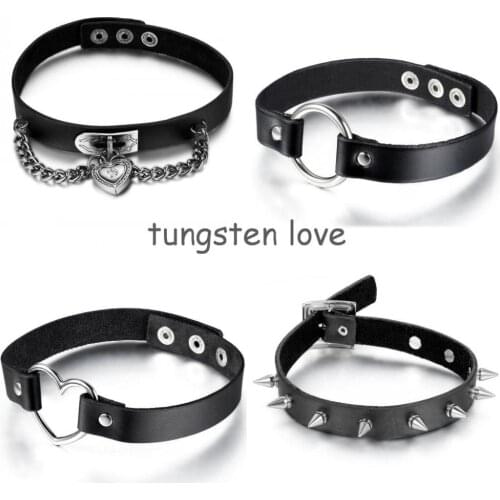 Punk Rock Leather Necklace, Lock, Sweetheart, Round, Rivets 100% handmade Harajuku PU Leather Choker Collar Necklace