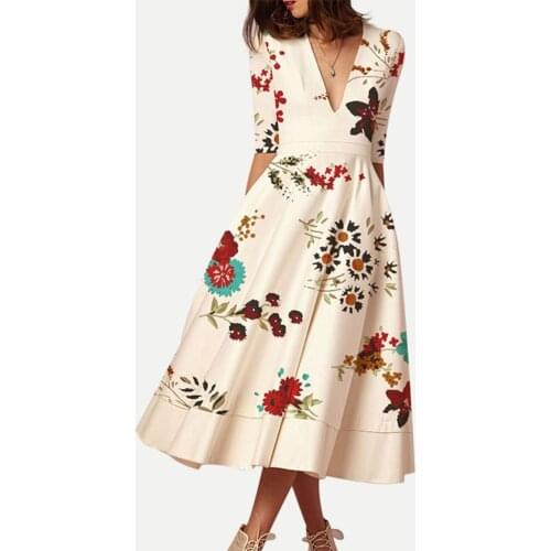 2021 New Floral Print Dress Bohemian Short Sleeve A-Line Dresses Elegant V-Neck Long Evening Party Elegant Sundress