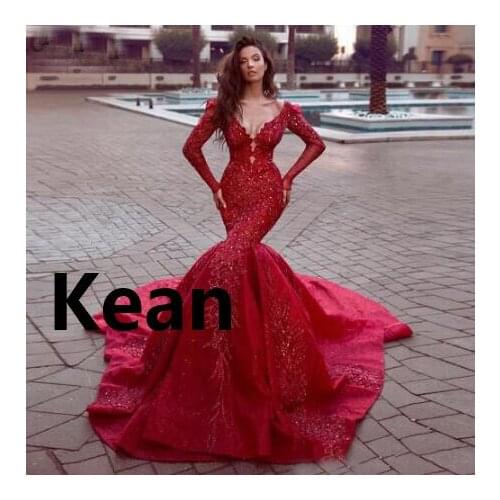Red Mermaid Train Evening Dresses Sequin Applique Special Occasion Dress Islamic Dubai Kaftan Saudi Arabic Prom Dress