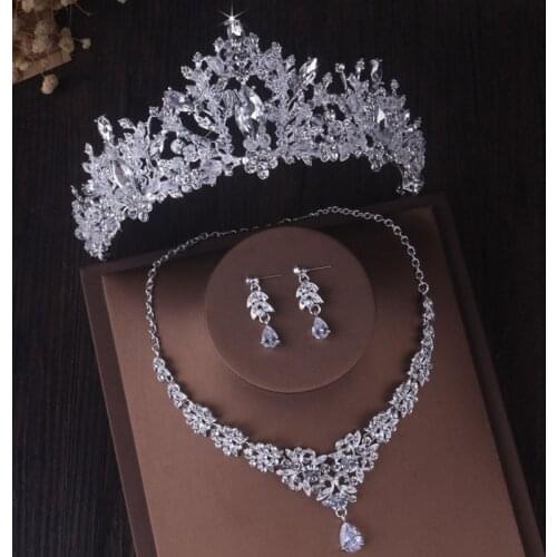 Luxury Crystal Leaf Bridal Jewelry Sets Silver Color African Beads Rhinestone Wedding Crown Tiara Necklace Earring Set For Women