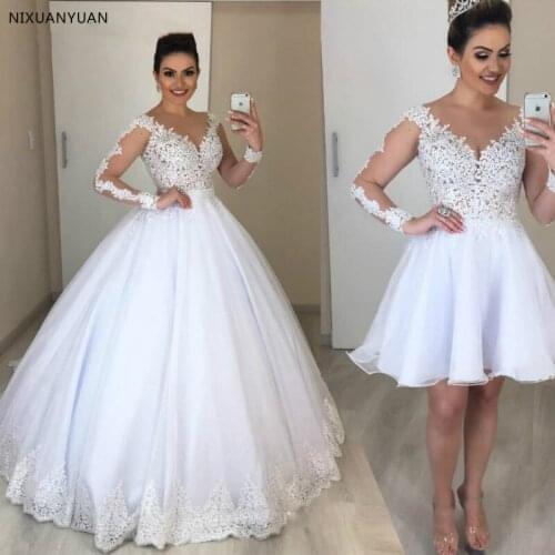 Vestido De Novia 2 In 1 Wedding Dress Long Sleeves Bridal Gowns Appliques Lace Wedding Dresses Puffy Tulle Detachable Train