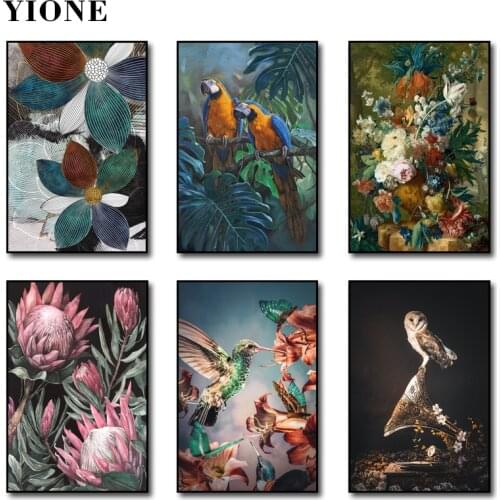 Vintage Animals and Plants Canvas Paintings Flowers Owl Birds Parrot Flamingo Wall Art Poster Pictures Print Living Room Decor