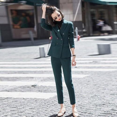 Women 2021 Autumn Winter Office Wear Two Pieces Set Female Fashion Lapel Double-Breasted Blazer High Waist Slim Pants Sets B575