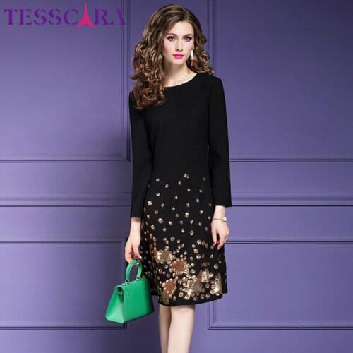 TESSCARA Women Autumn Winter Luxury Sequined Office Dress Female High Quality Robe Femme Designer Black Elegant Party Vestidos