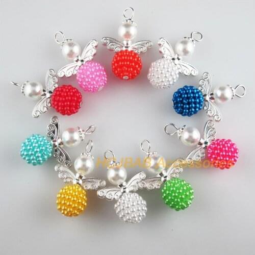 10 New Angel Charms Silver Plated Mixed Acrylic Waxberry Ball Pendants 21x32mm
