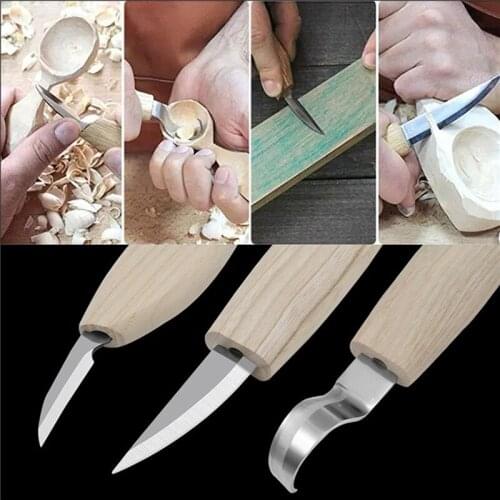 3Pcs/Set Stainless Steel Wood Carving Cutter Woodwork Sculptural Wood Handle Spoon Hook Carving Knife Hand Tool