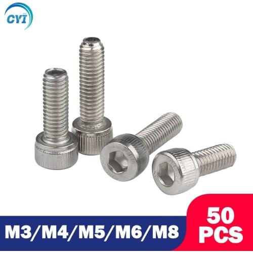 50Pcs M3 M4 M5 M6 M8 *Length 6-50mm 304 A2-70 Stainless Steel DIN912 Hexagon Hex Socket Cap Allen Head Bolt Screw