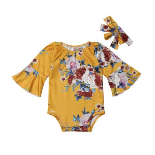 2019 Newborn Infant Baby Girl Long Sleeve Floral Bodysuit+Headband Clothes Set Size 0-24M