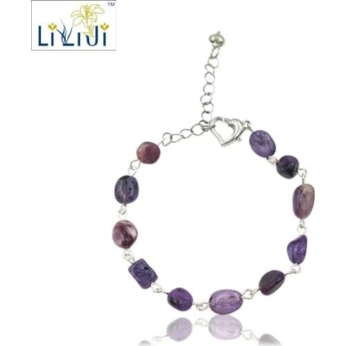 Lii Ji Unique Natural Stone Charoite Nugget shape wire handwork Fashion Bracelet Heart shape Clasp Nice Gift for Women