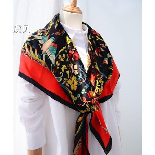 Black and red flowers bird 100% real natural silk scarf for woman shawls scarves silk scarf square foulard hijab wrap 105*105cm