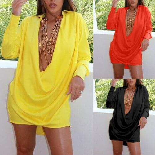 Spring Autumn Womens Hot Sexy Lapel Personalized Vestidos 3 Colors Deep V Long Sleeve Loose Waist Pullover Pencil Dress Clubwear