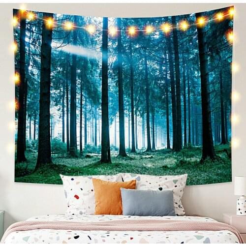 Baby Blue Forest at Night Tapestry Vintage Exotic Summer Plant Nature Frame for Bedroom Photography Wall Decor
