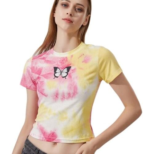 Womens O-Neck Tie-dyed Tee Butterfly Print Casual Navel Exposed Short-Sleeved TShirt Tops