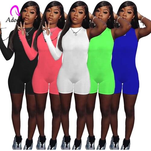 Fitness Women Rompers Solid One Shoulder Long Sleeve Skinny Biker Playsuit Sexy Club Party One Piece Outfits Workout Activewear