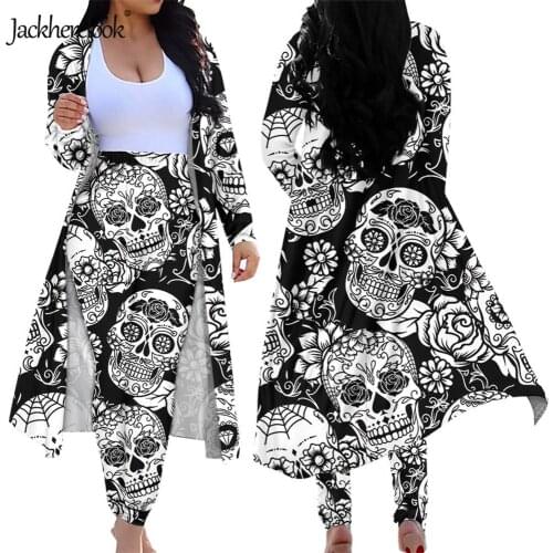 Jackherelook Black Sugar Skull Print Womens 2 Piece Outfits Open Front Cardigan and Skinny Pants Clubwear Long Sleeves Coat Set