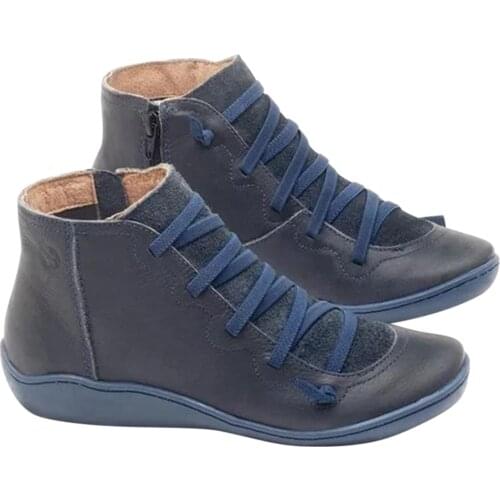 Leather Ankle Boots Autumn Vintage Lace Up Women Shoes Comfortable Flat Heel Boots Zipper Short Boot XIN-Shipping