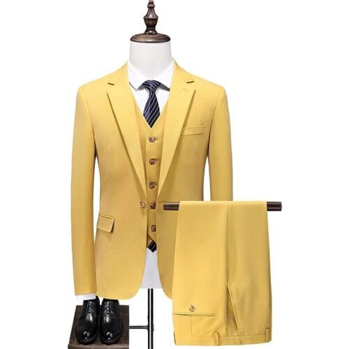 Fashion Yellow Slim Fit Suits for Men Business Formal Dinner Prom Male Tuxedo Marriage Wedding Blazer Classic Jacket Vest Pants