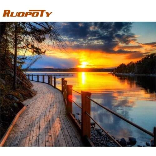 RUOPOTY Frame Diy Painting By Numbers Sunset Lake Landscape Picture By Numbers Modern Wall Art Canvas Painting Acrylic Paint Art
