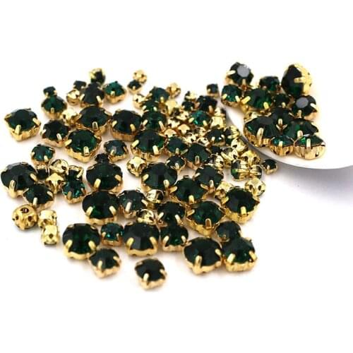 New 100pcs/bag Mixed size Dark green glass strass crystal Clothing loose beads gold base sewing rhinestones diy Wedding dress