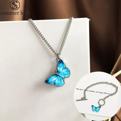 Cute Blue Butterfly Pendant Necklace Bracelet Jewelry Set Silver Color Long Chain Necklaces Bracelets for Women Lovers Gifts