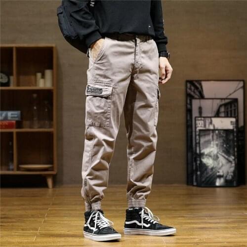 2021 Spring Autumn New Mens Loose Overalls Japanese Retro Fashion Casual Tie Feet Pants Male Brand Cargo Pants 4 Colors