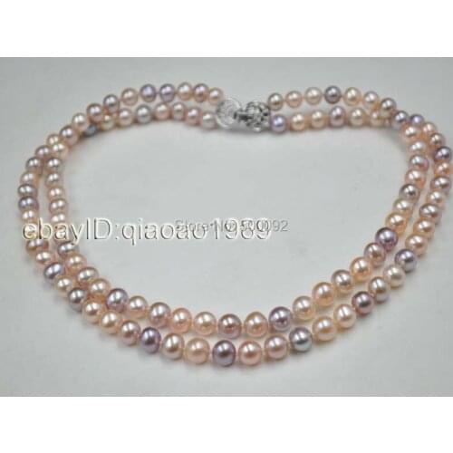 AA++ Natural Mixed 2-rows pink&purple freshwater pearl necklace 7.5-8mm