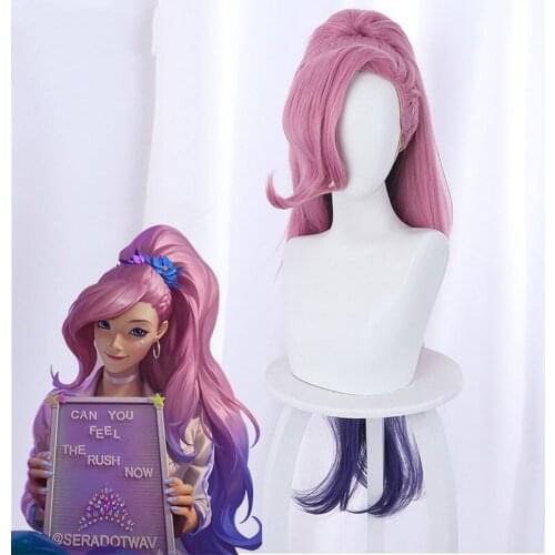 Game LoL KDA Cosplay Wig Long Ponytail Pink Mixed Purple Wigs League Of Legends Cosplay Halloween Wig For Women Accessories Hair