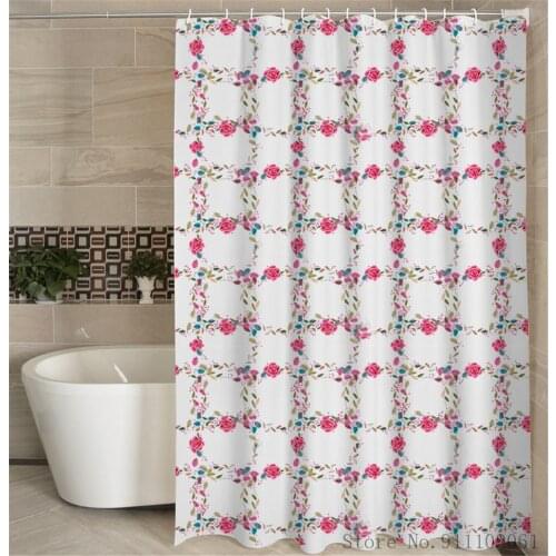 Grid Pink Flower Pattern Printed Shower Curtain Polyester Fabric Waterproof Mould Proof Bathroom Curtains Home Decoration