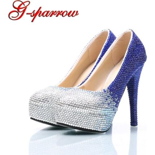 Big Size 14cm Royal Blue Crystal Shoes with silver Rhinestone Wedding Party Shoes Lady Formal Dress Shoes Size 44 45 Event Shoes