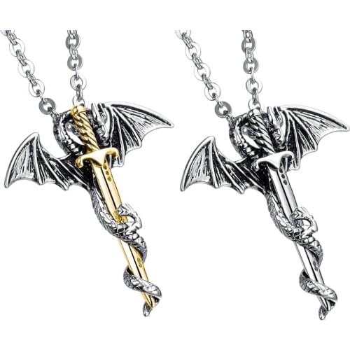 Vintage Pendant Necklace For Men Stainless Steel Dragon Wing Sword Punk Jewelry