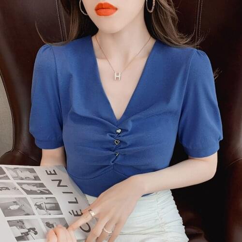 New women Folds Solid color basic cotton T shirt short sleeve V neck Puff sleeve tees ladies casual tee shirt top tshirt women