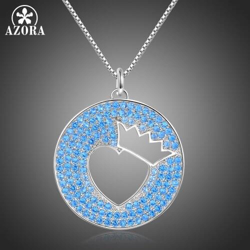 AZORA Romantic Hollow Crown Love Heart Apple Shape Blue Cubic Zirconia Women Necklaces Round Pendant White Gold Jewelry TN0272