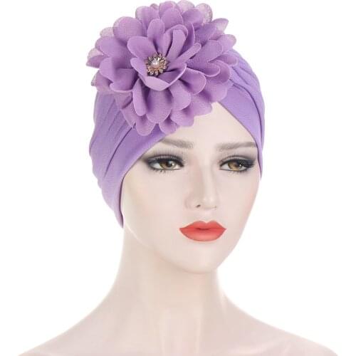 Women Flowers Ruffle Turban Caps Muslim Elastic Pearls Headscarf Bonnet Ladies Hair Accessories Indian Cap Turbante Mujer