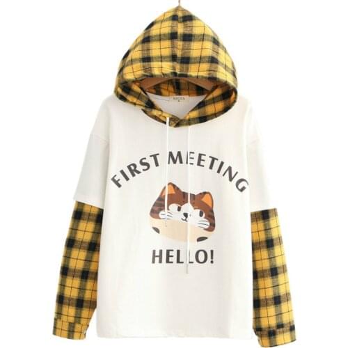 Cartoon Cat Print Plaid Patchwork Hooded Sweatshirts Women 2020 Autumn Long Sleeve Cotton Cute Hoodies Sweet Style Kawaii Tops