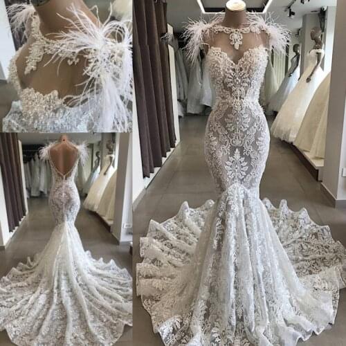 RetroLace Beaded Wedding Dresses Mermaid Custom Made Bridal Gowns Feather Vestido De Novia 2021 Spring Summer Sweep Train