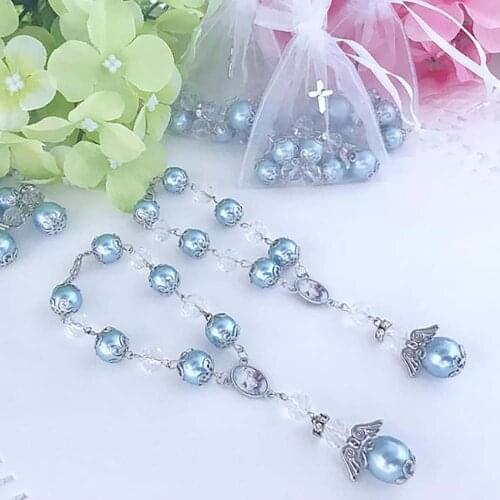 12 PC Handmade BLUE Baptism favors mini rosary recuerdos de lbautizo christening favors rear mirror charms with angels